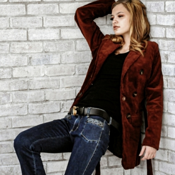 Amber Brown Belted Cord Trench Coat Jacket - Picture 3 of 8